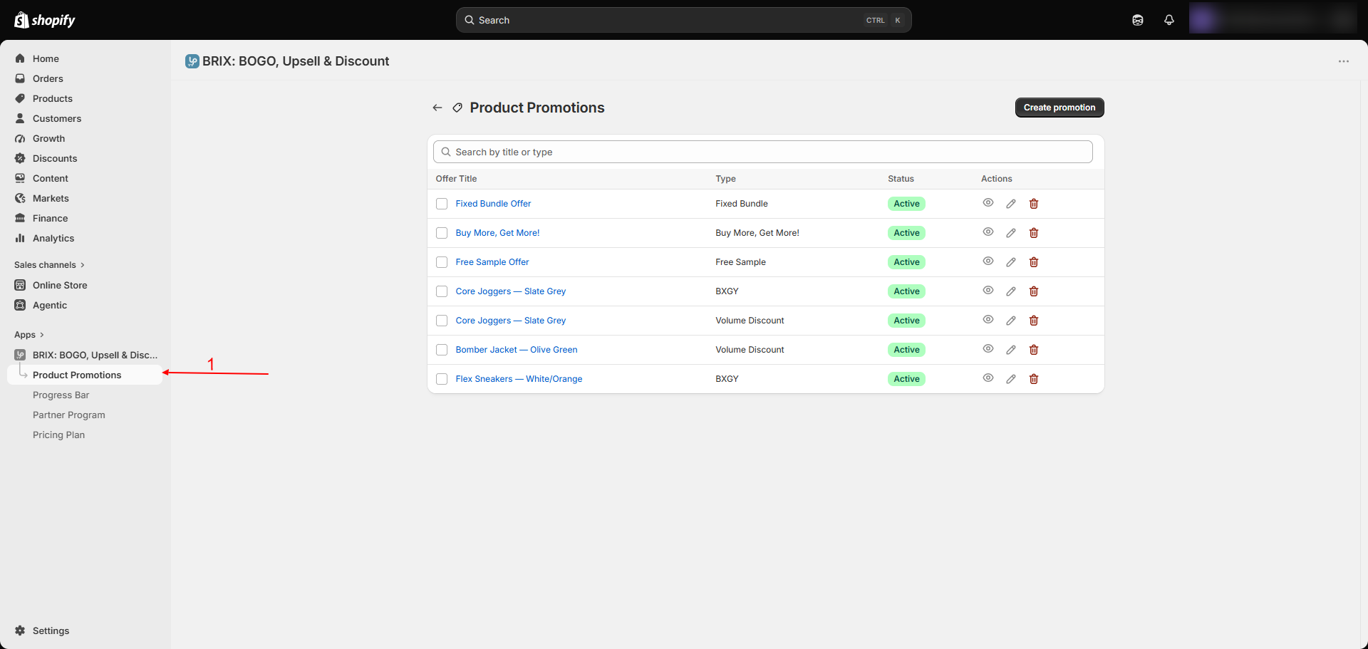 Product Promotions list page showing BXGY, Volume Discount, Buy More Get More, Free Sample, and Fixed Bundle campaigns