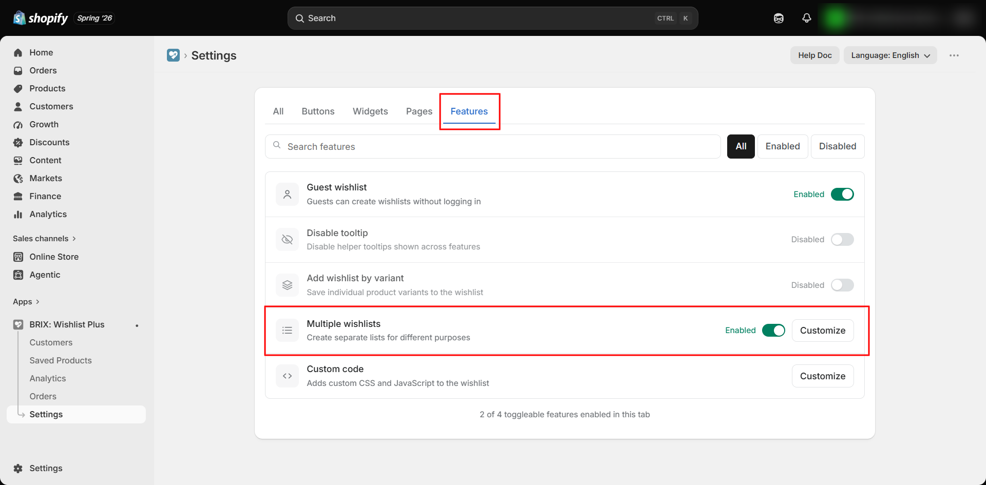 Multiple wishlists customize settings screen