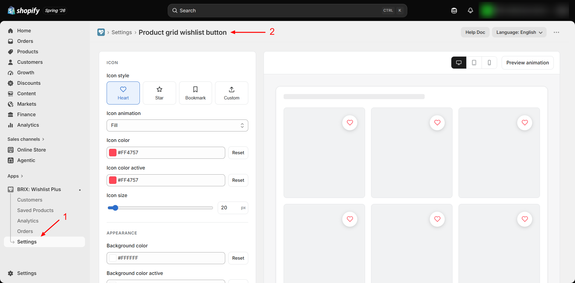 Product grid wishlist button customize settings screen