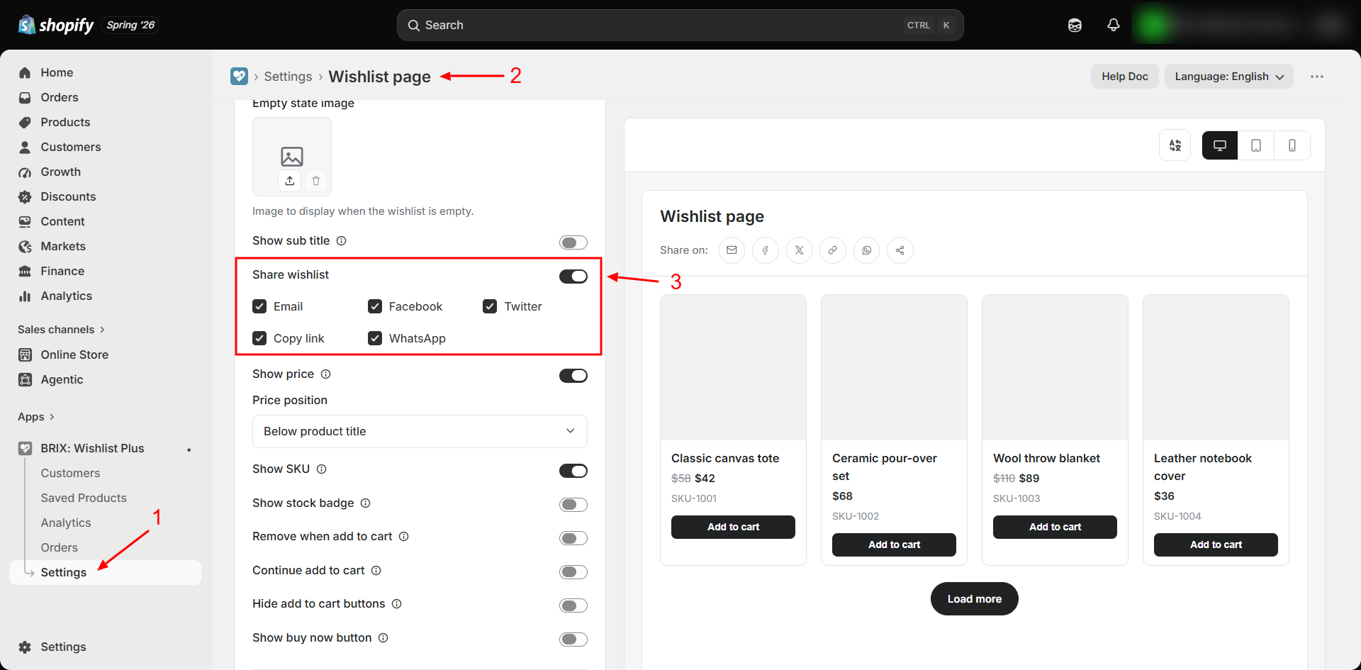 Share wishlist settings screen
